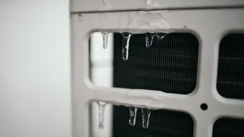 Ice on the heat pump closeup
